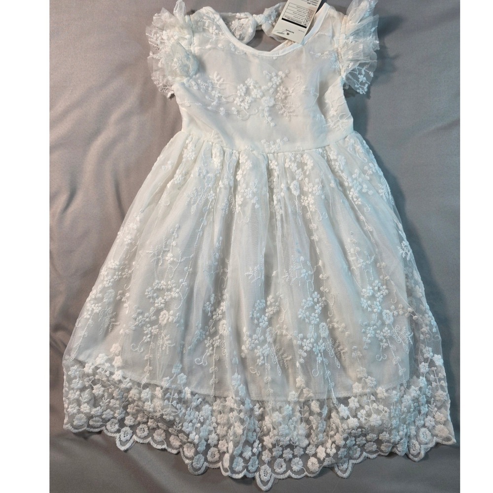 NNJXD Lace Tulle Dress 12-24 Months White Floral Flutter Sleeve Flower Girl Bow